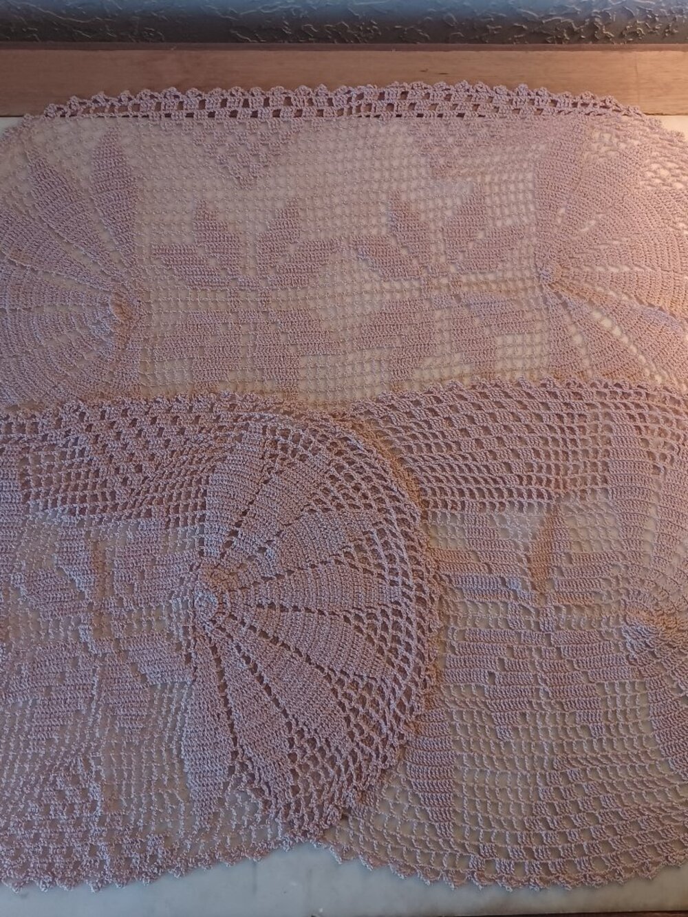 Vintage Hand Crocheted Lace Doily Set 3pc Mauve Pink Table Runner Dresser Scarve